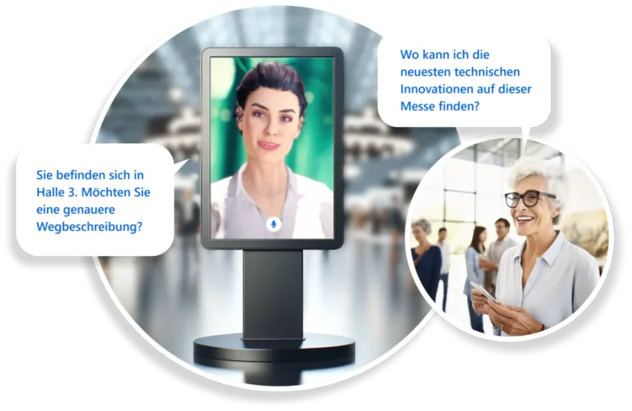 Ein KI-Avatar auf einem Kiosk-Bildschirm auf einer Messe. Eine Besucherin fragt: Wo kann ich die neuesten technischen Innovationen auf dieser Messe finden? Der Avatar antwortet: Sie befinden sich in Halle 3. Möchten Sie eine genauere Wegbeschreibung?