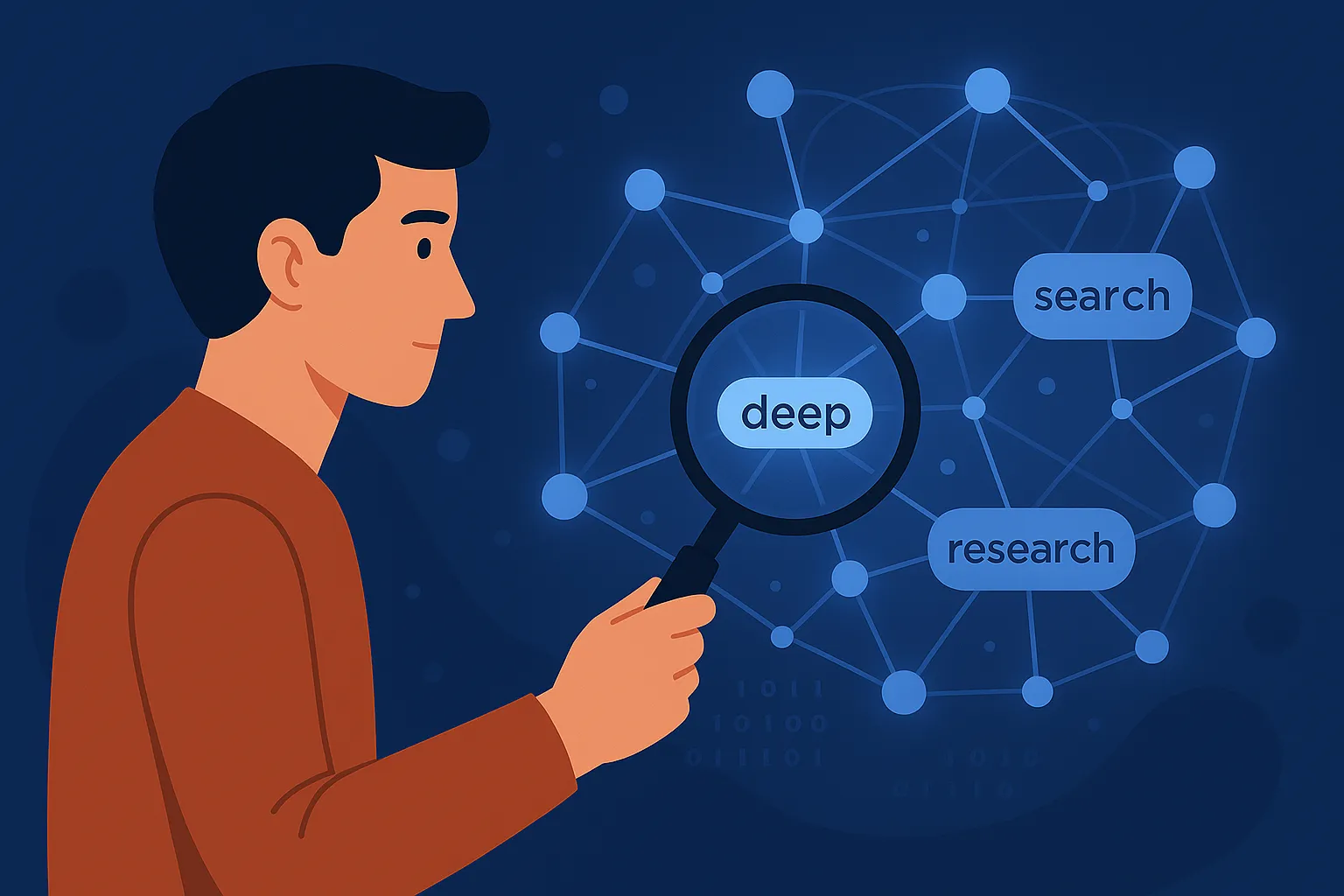 Ilustracja: mężczyzna ogląda przez lupę sieć połączonych punktów z napisami deep, search i research