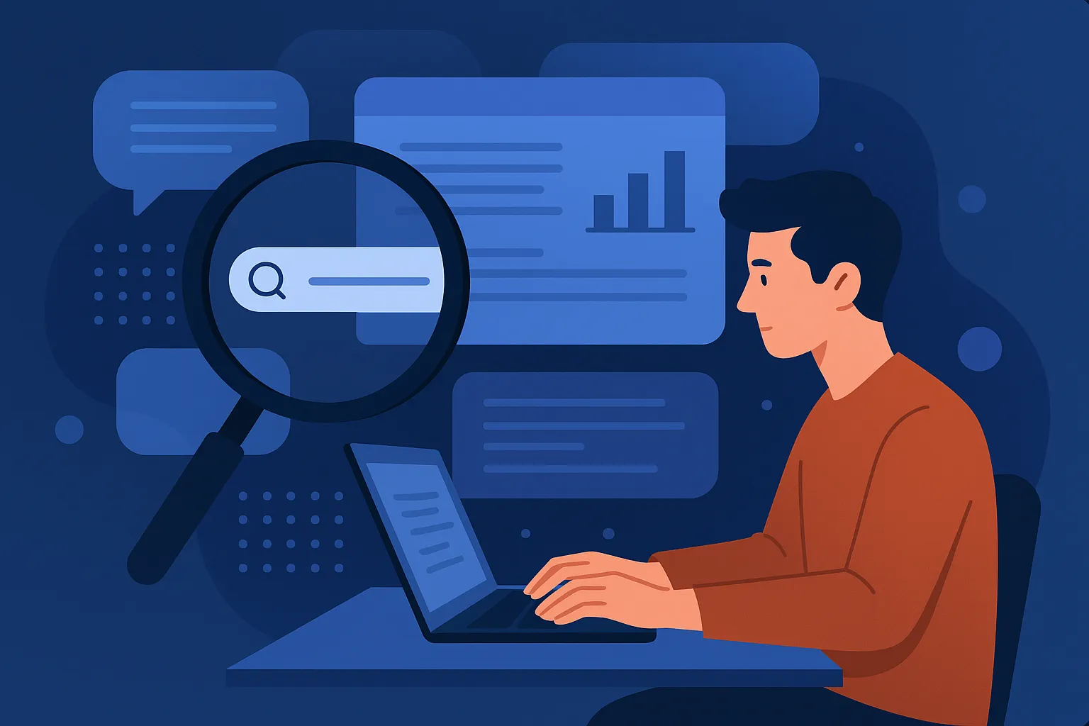 Illustration: a man works on a laptop next to a large magnifying glass over a search bar and documents with charts