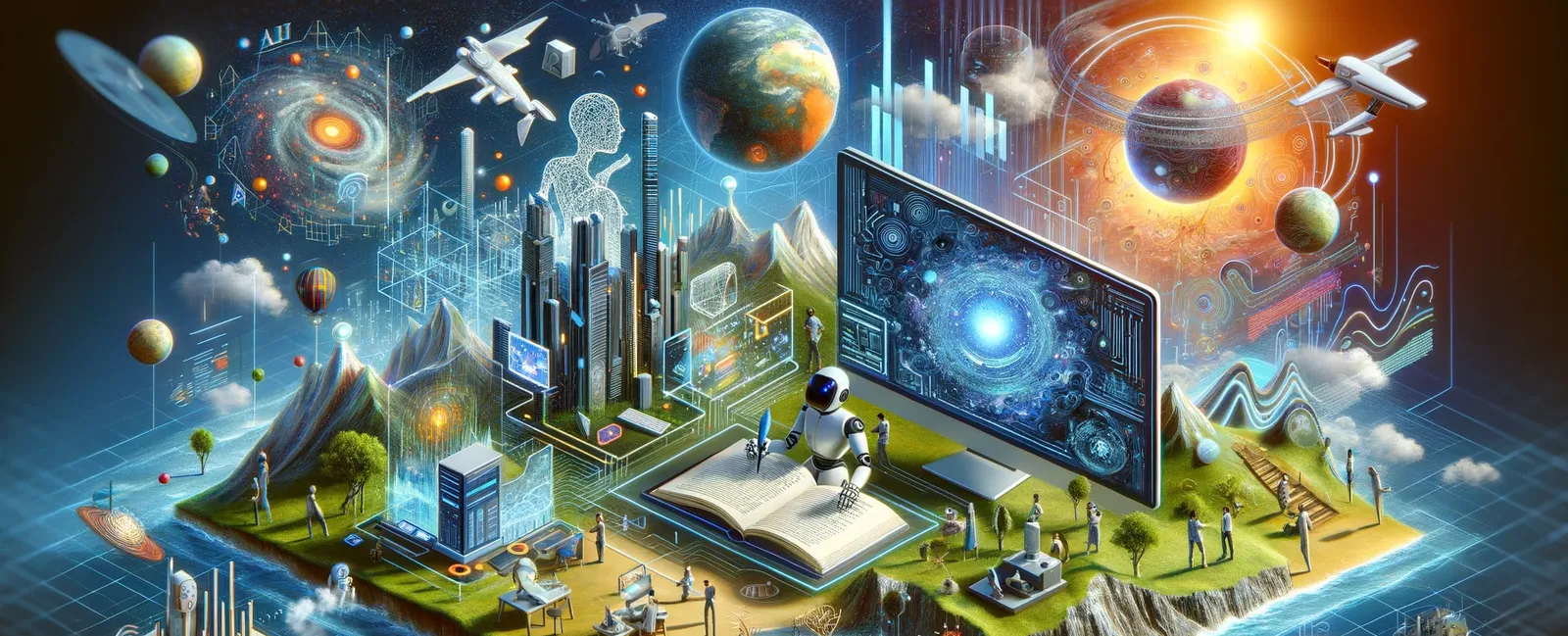 Kolorowa ilustracja robota piszącego w księdze, otoczonego ekranami, budynkami, planetami i ludźmi