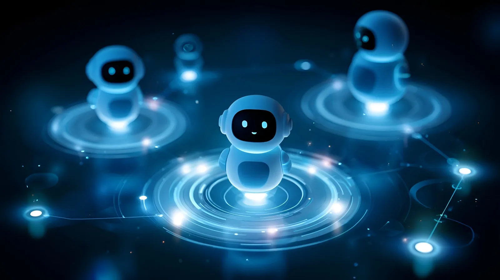 Kilka małych świecących robotów na połączonych platformach, symbolizujących współpracujących agentów AI