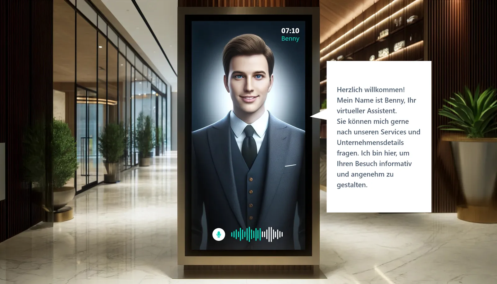 KI-Avatar Benny auf einem Bildschirm im Foyer eines Unternehmens, daneben seine Begrüßung an die Besucher