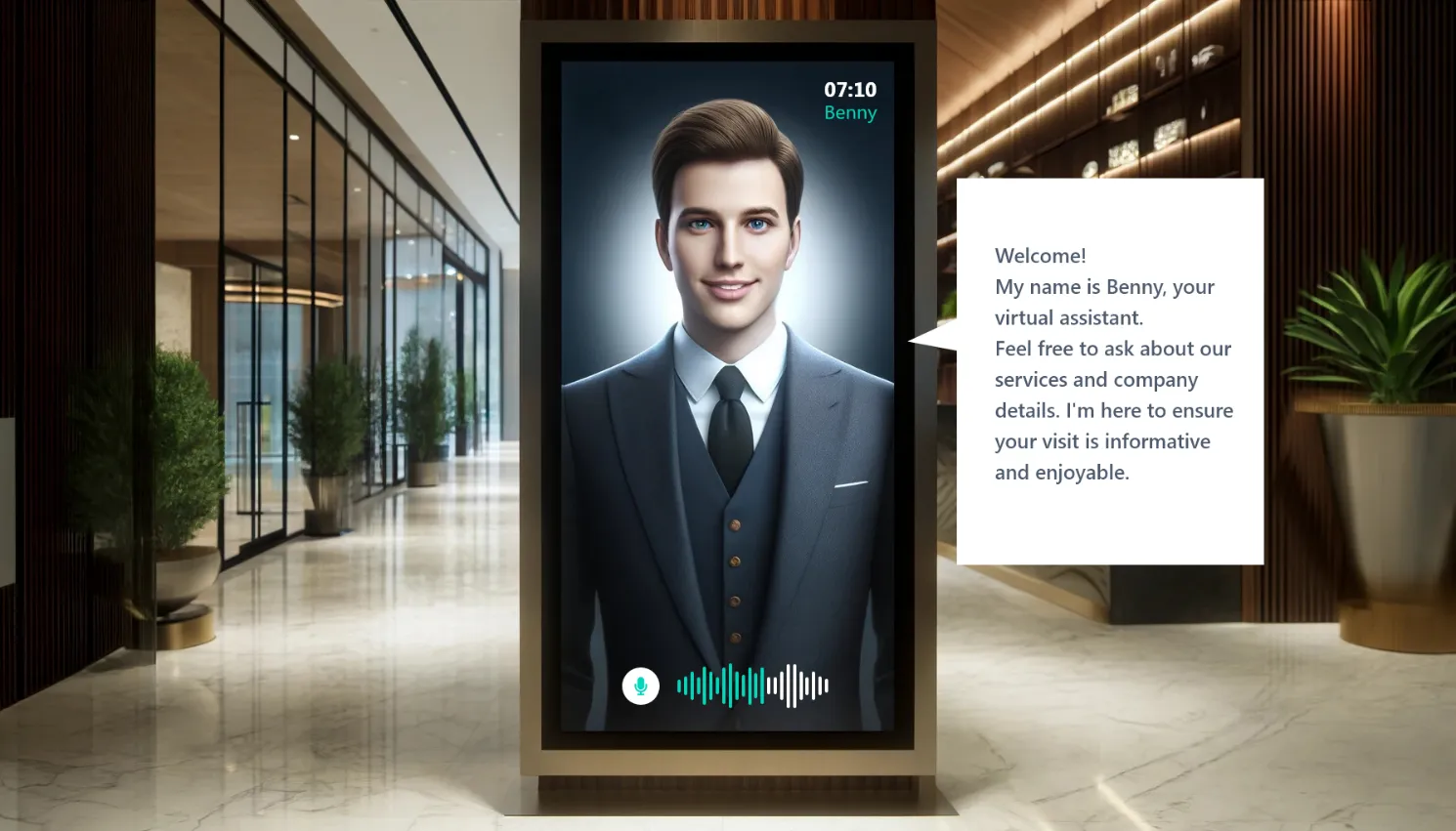 Awatar AI Benny na ekranie w lobby firmy, obok jego powitania dla gości