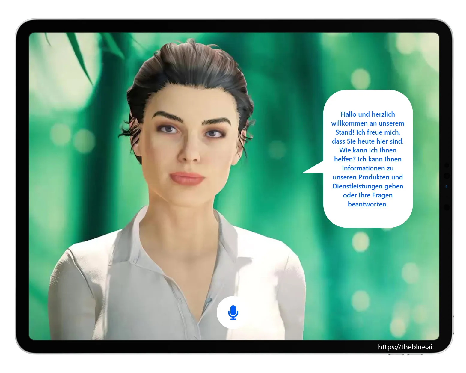 Tablet mit einem KI-Avatar, der Besucher am Messestand begrüßt und Informationen zu Produkten und Dienstleistungen anbietet