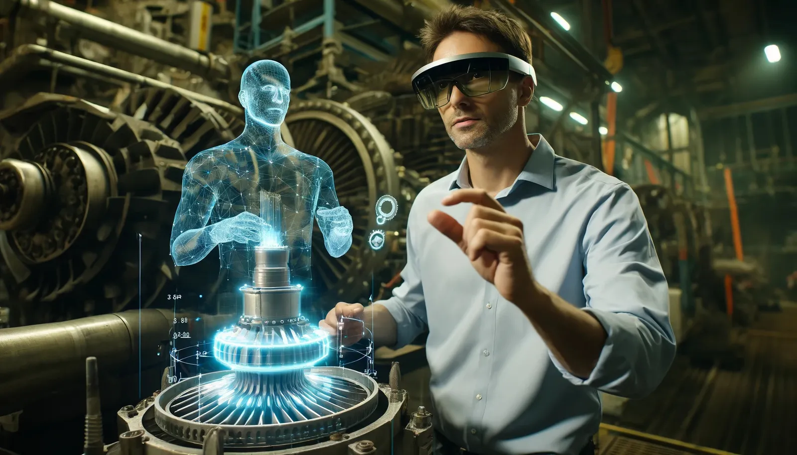 Ilustracja: technik w okularach mixed reality pracuje przy turbinie, a holograficzny awatar objaśnia kolejny krok