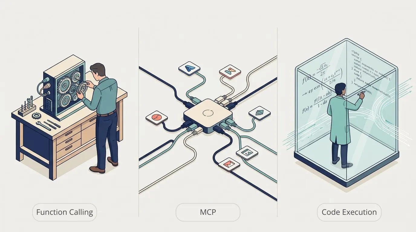 Illustration of the three main approaches: function calling as a workbench with gears, MCP as a central hub with many cables, code execution as a person writing code inside a glass room