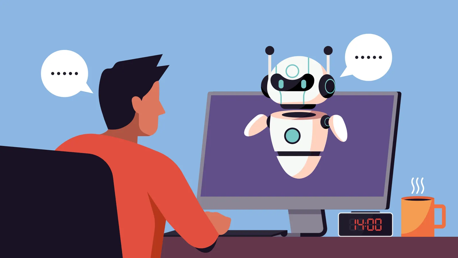 Ilustracja: mężczyzna przy komputerze rozmawia z przyjaznym robotem na ekranie