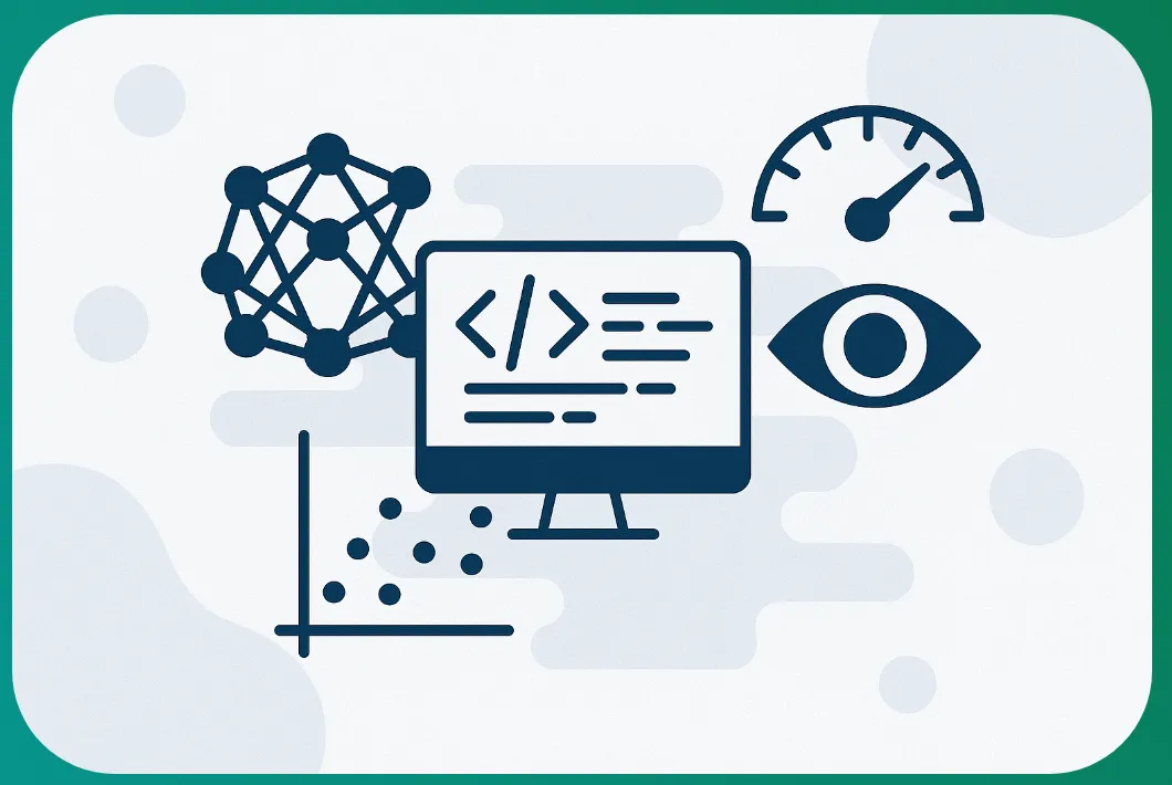 Illustration of a monitor with code surrounded by a neural network, a gauge, an eye and a scatter plot