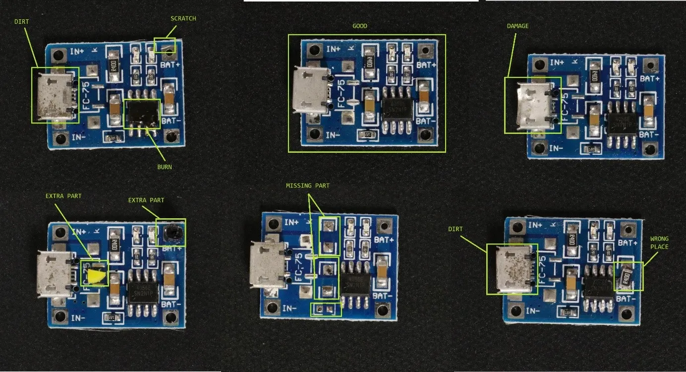 Six circuit boards with marked defects such as dirt, scratches, burns, damage, extra or missing parts, and one defect-free board