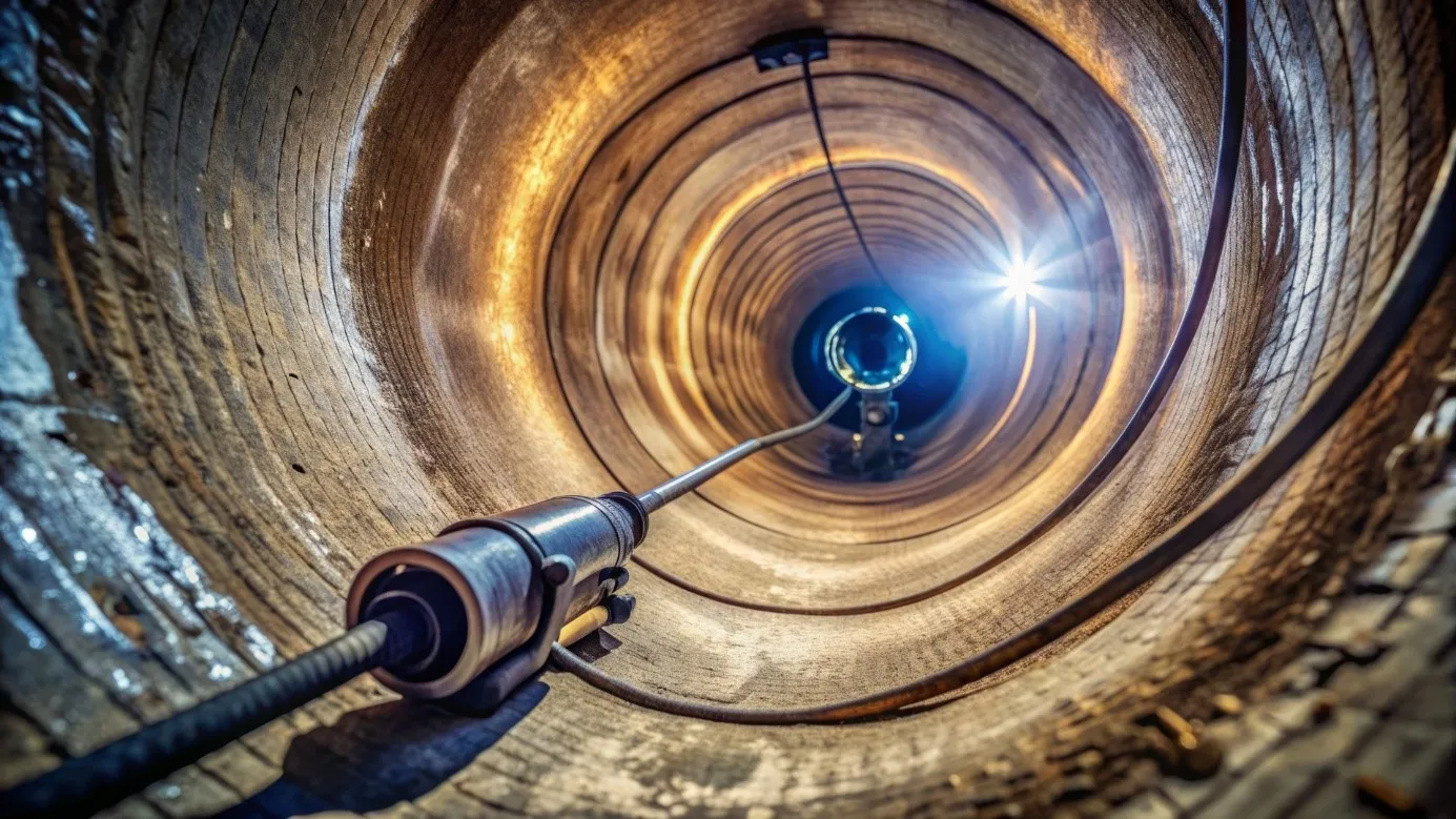 A camera with a light moves on a cable through a pipe, inspecting the inner wall