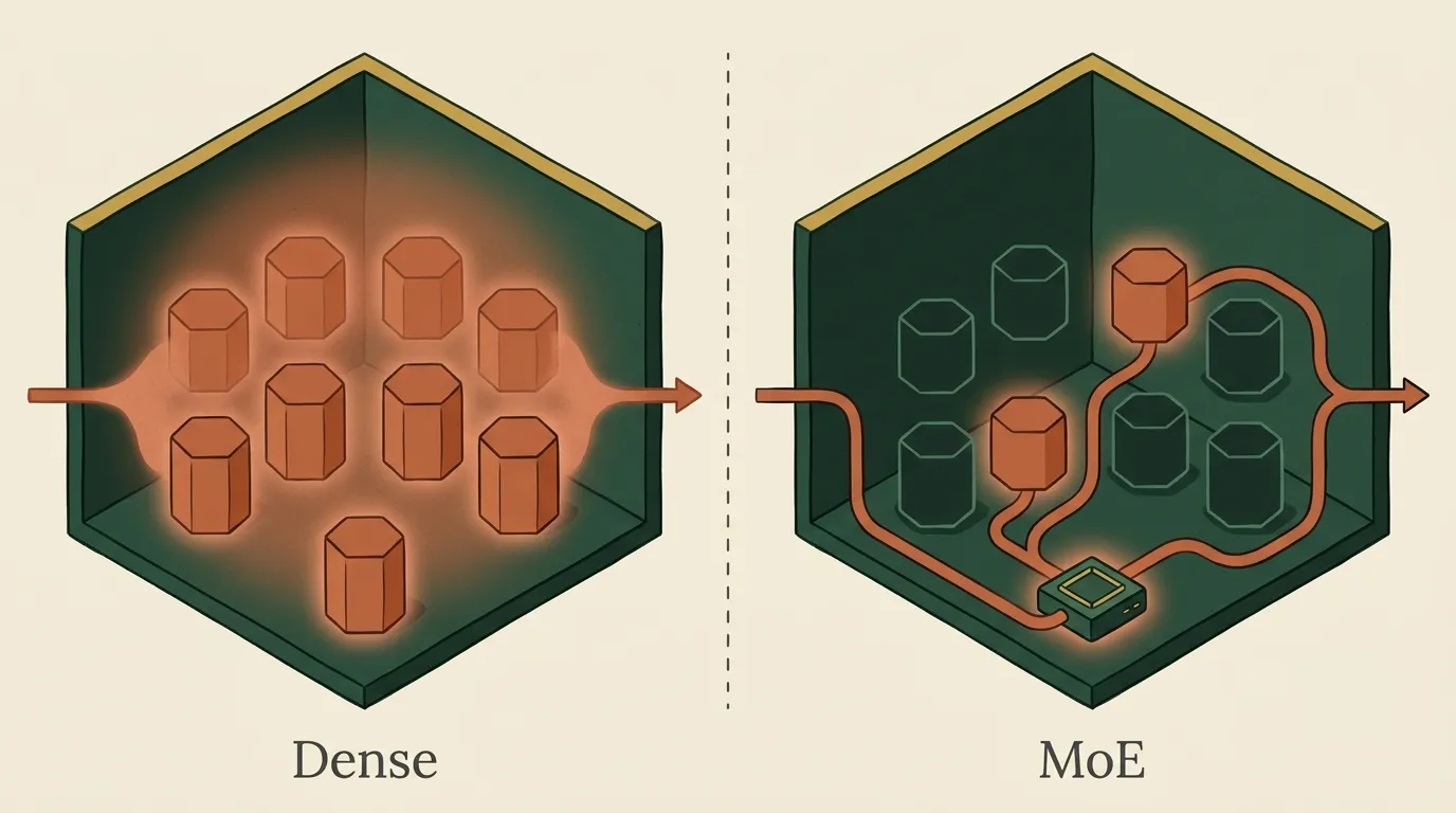Illustration: Links ein dichtes Modell, in dem alle Blöcke aufleuchten. Rechts ein MoE-Modell, in dem ein Router den Weg nur durch zwei Blöcke führt