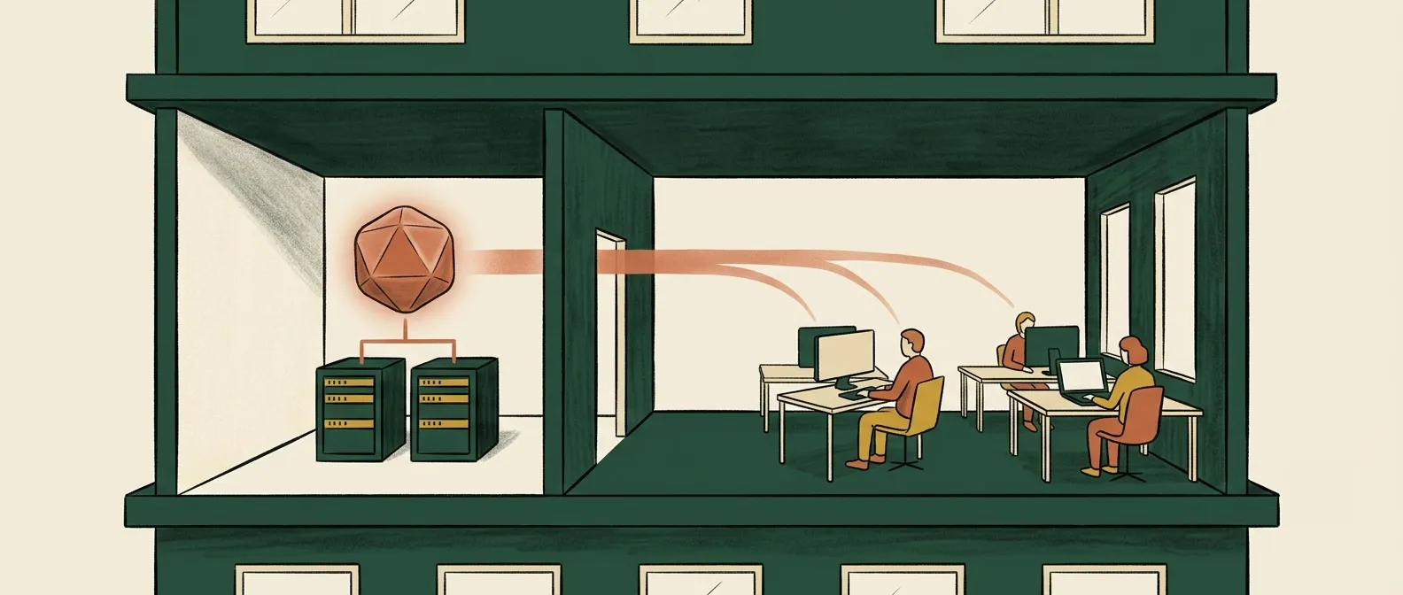 Illustration: a language model runs on servers inside the company building and serves employees in the office next door