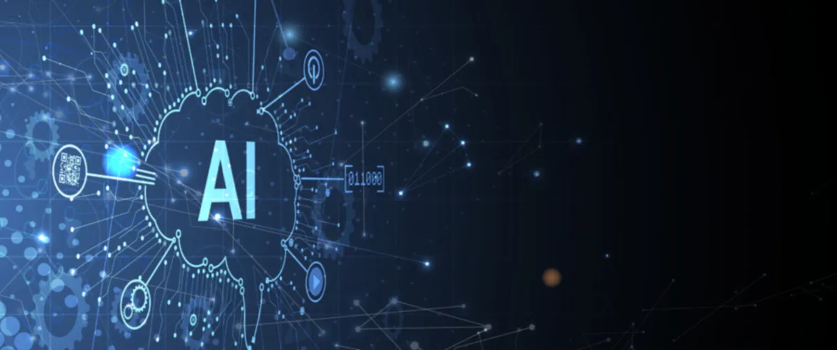 Glowing cloud with the letters AI connected to circuit lines on a dark blue background