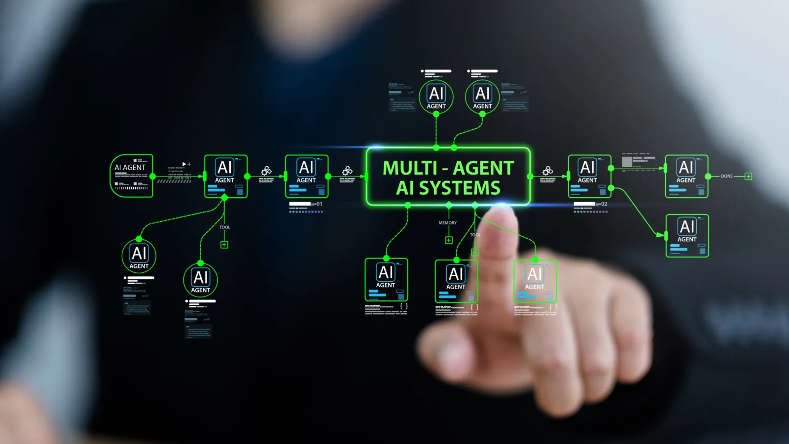 Dłoń dotyka świecącej sieci połączonych agentów AI wokół napisu Multi-Agent AI Systems