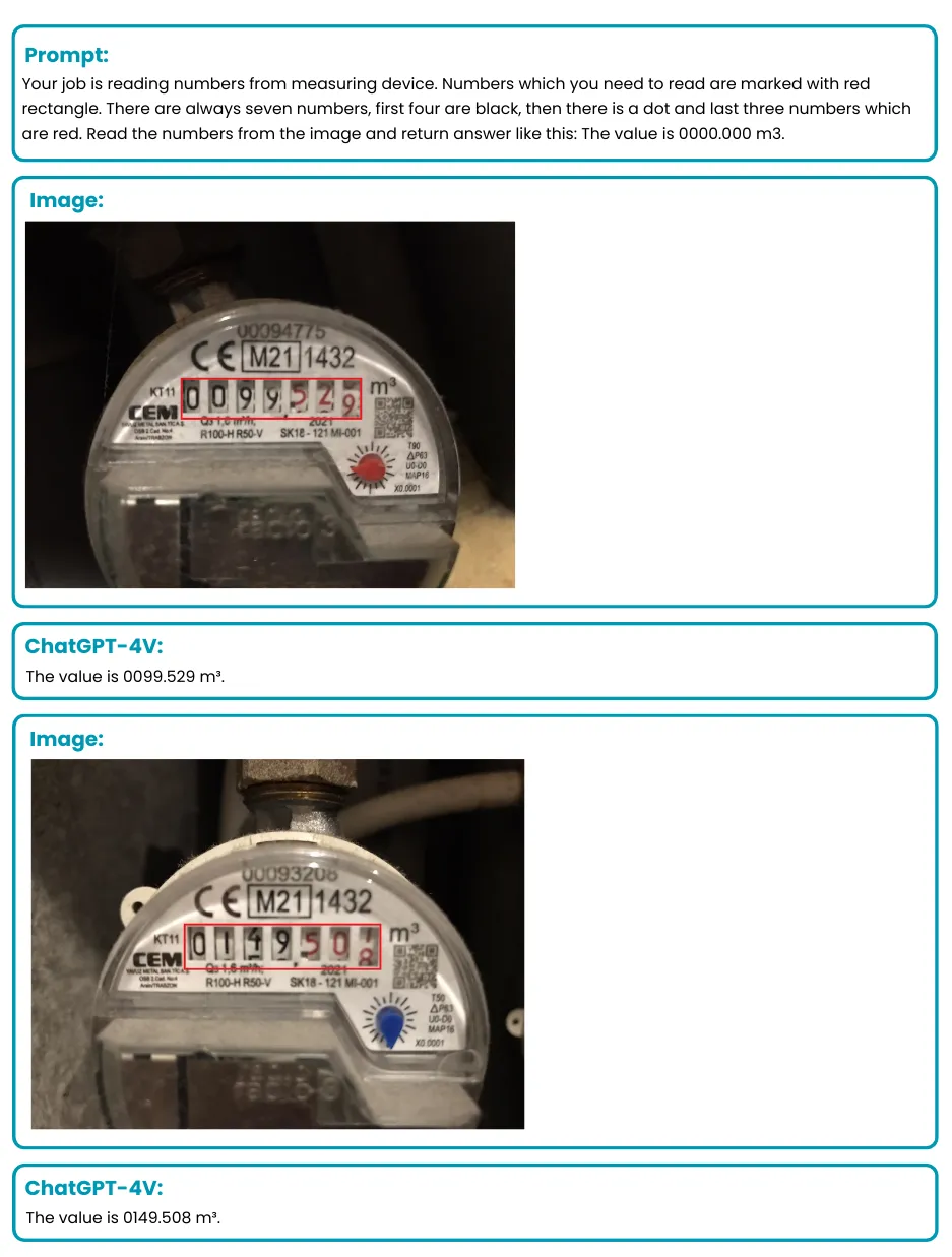 Test with a multimodal model: prompt for reading a water meter, two photos of the meter with the counter marked in red and the values returned