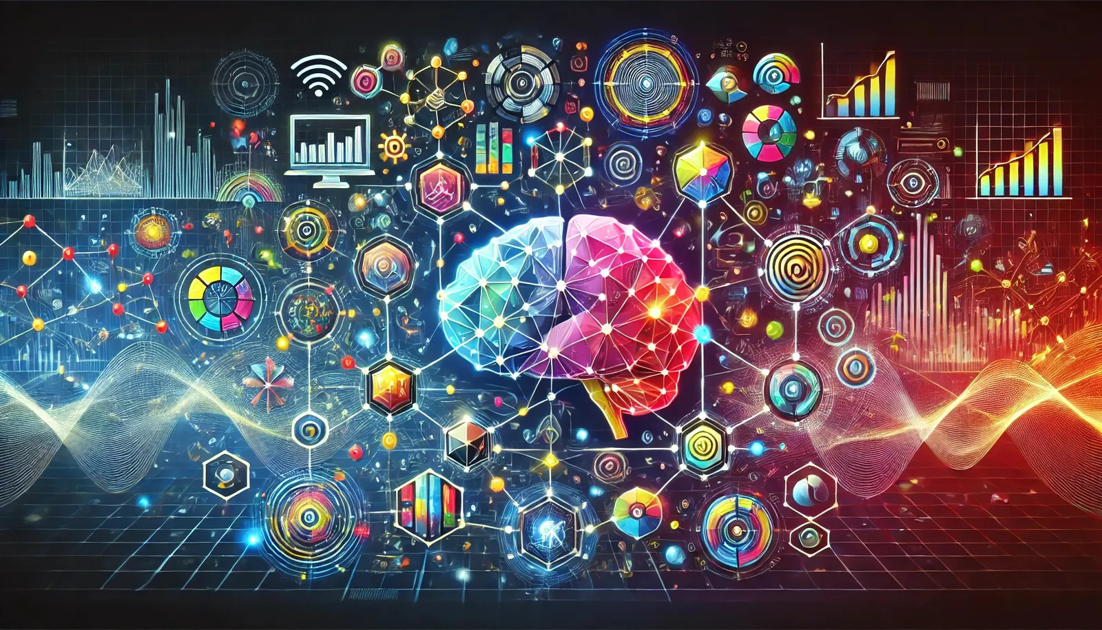 Colourful illustration of a polygonal brain connected to symbols for charts, data and signals