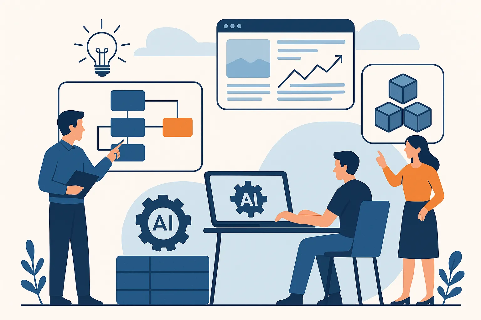 Ilustracja: zespół pracuje nad diagramem procesu, dashboardem i aplikacją AI na laptopie