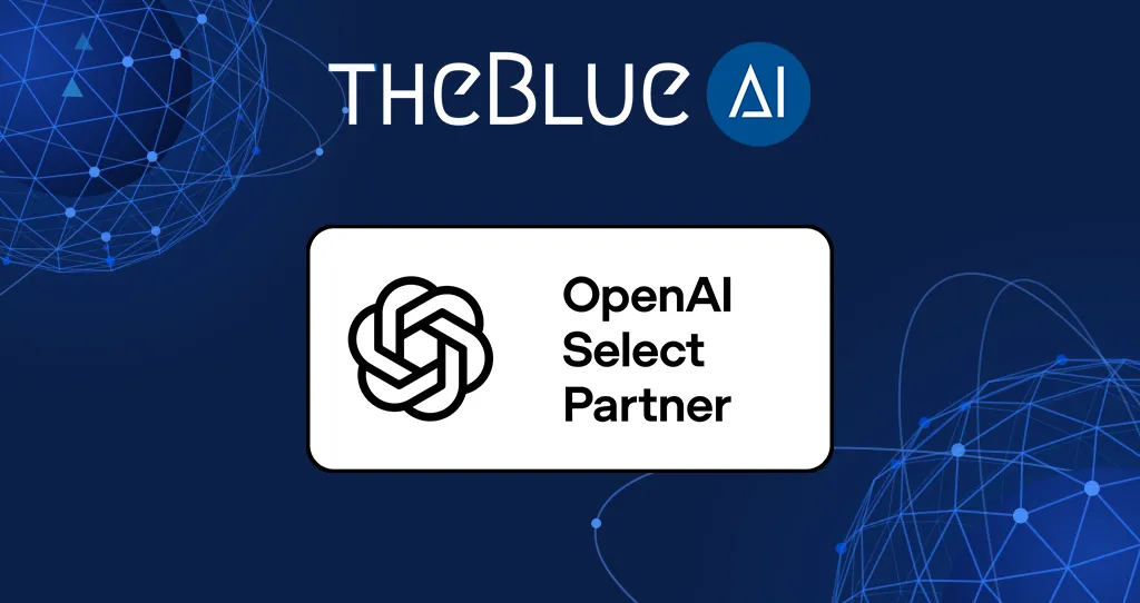 theBlue.ai logo above the OpenAI Select Partner badge on a dark blue background