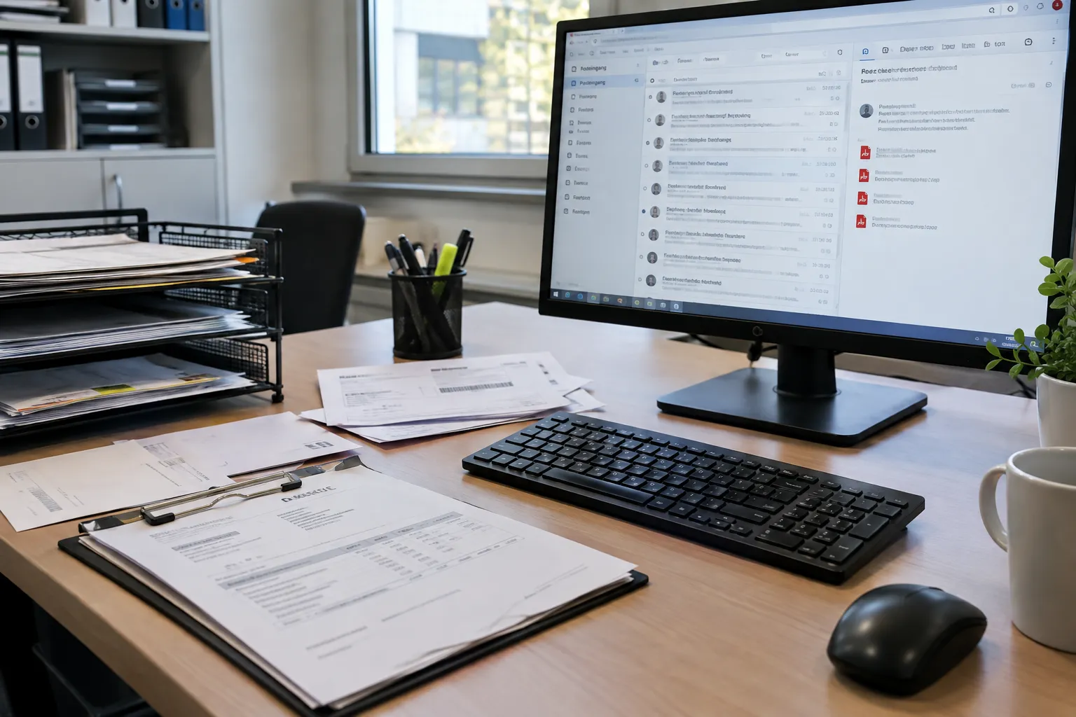 Office desk with an email inbox open on screen showing PDF attachments, next to paper invoices and delivery notes