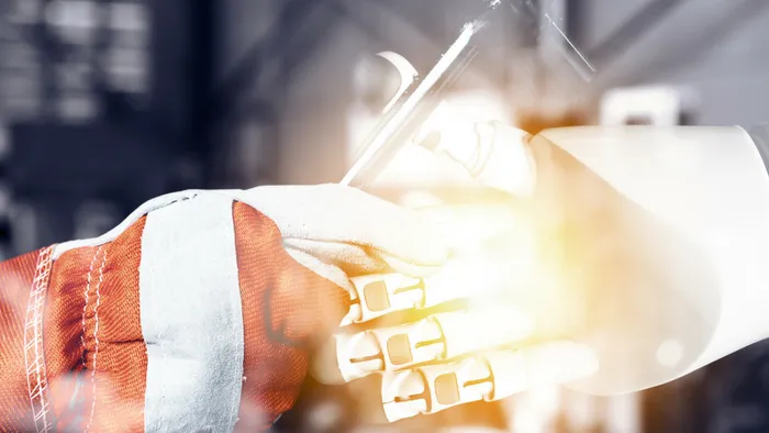 Technik w rękawicy roboczej i ręka robota trzymające razem klucz