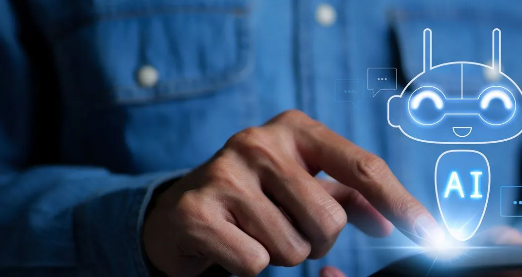 A hand tapping a smartphone with a glowing robot labelled AI floating above it